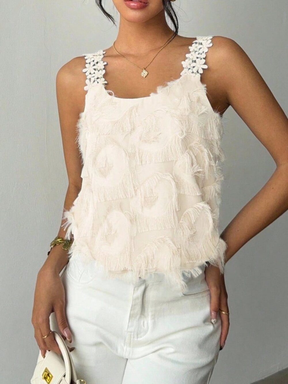 Apricot Casual Women's Elegant Floral Lace Patchwork Textured Camisole Top - Picture 5 of 7